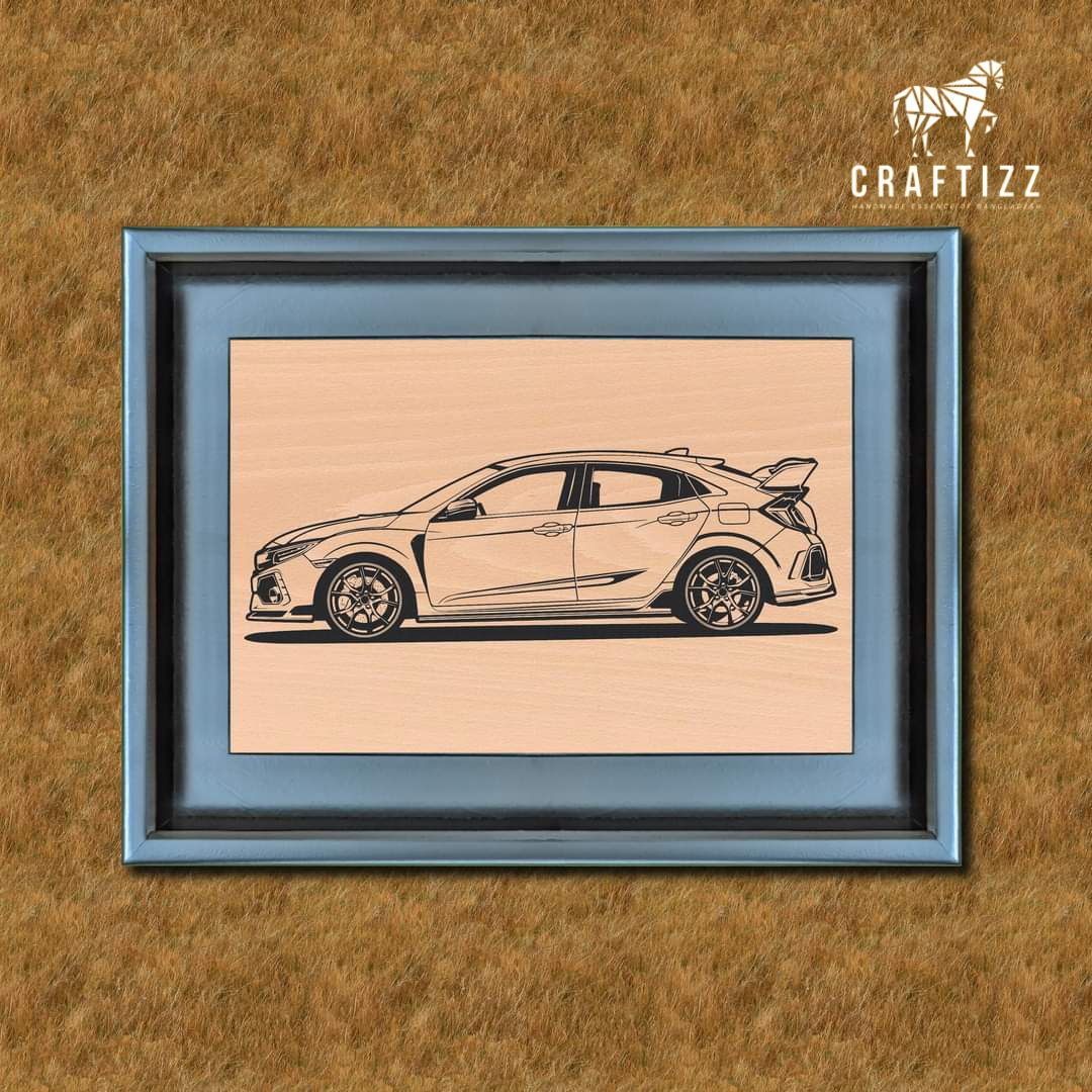 Modern Car Illustration in Blue Wooden Frame