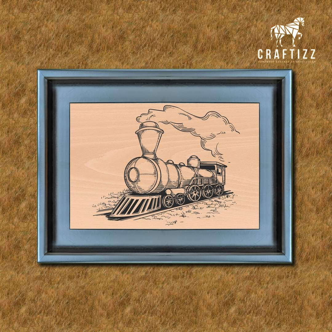 Vintage Steam Train Drawing in Blue Wooden Frame