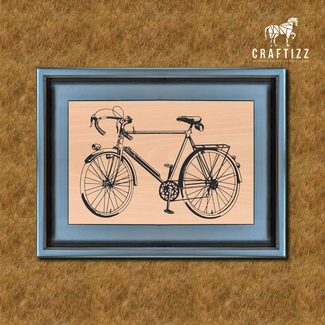 Vintage Bicycle Drawing in Blue Wooden Frame