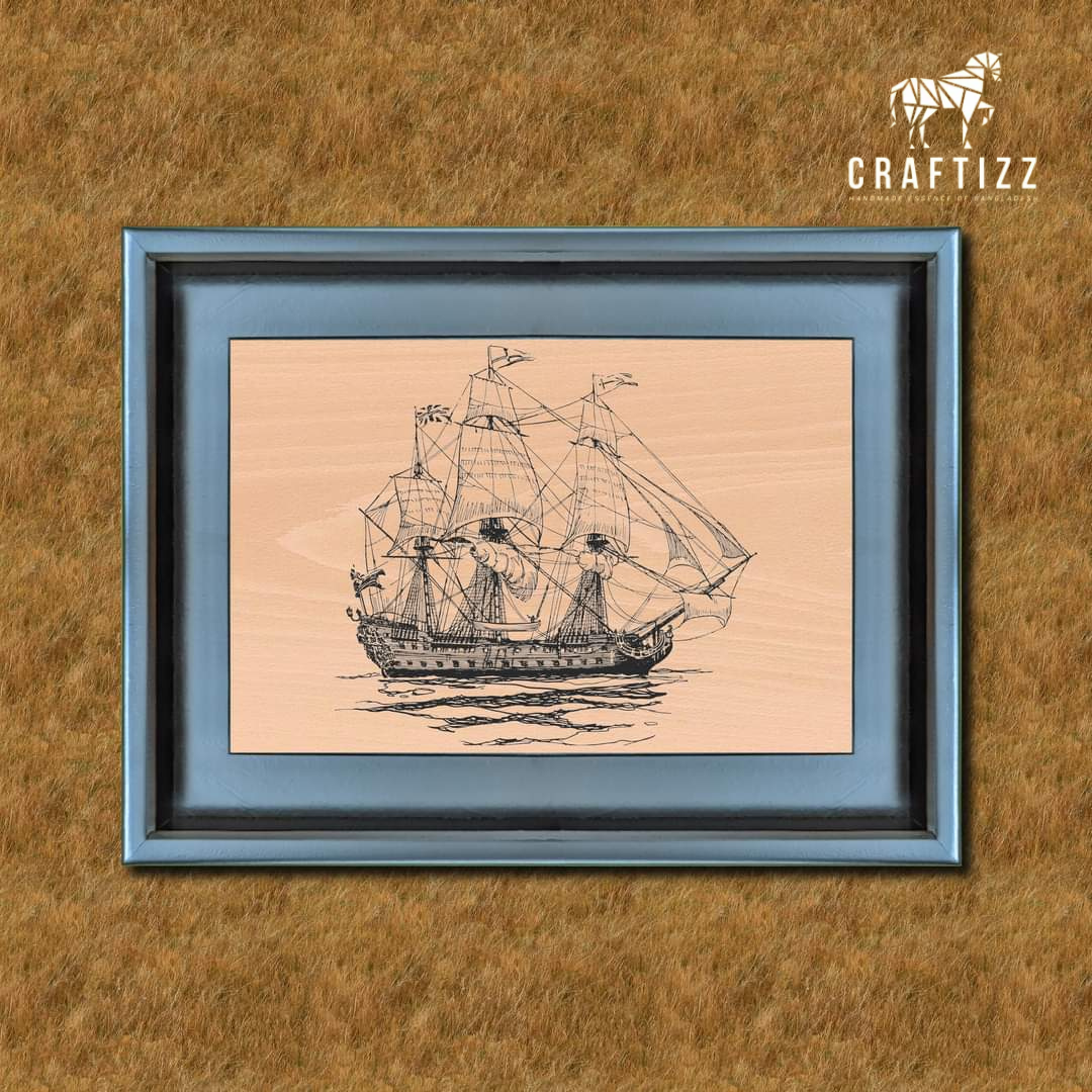 Vintage Nautical Ship Drawing in Blue Wooden Frame