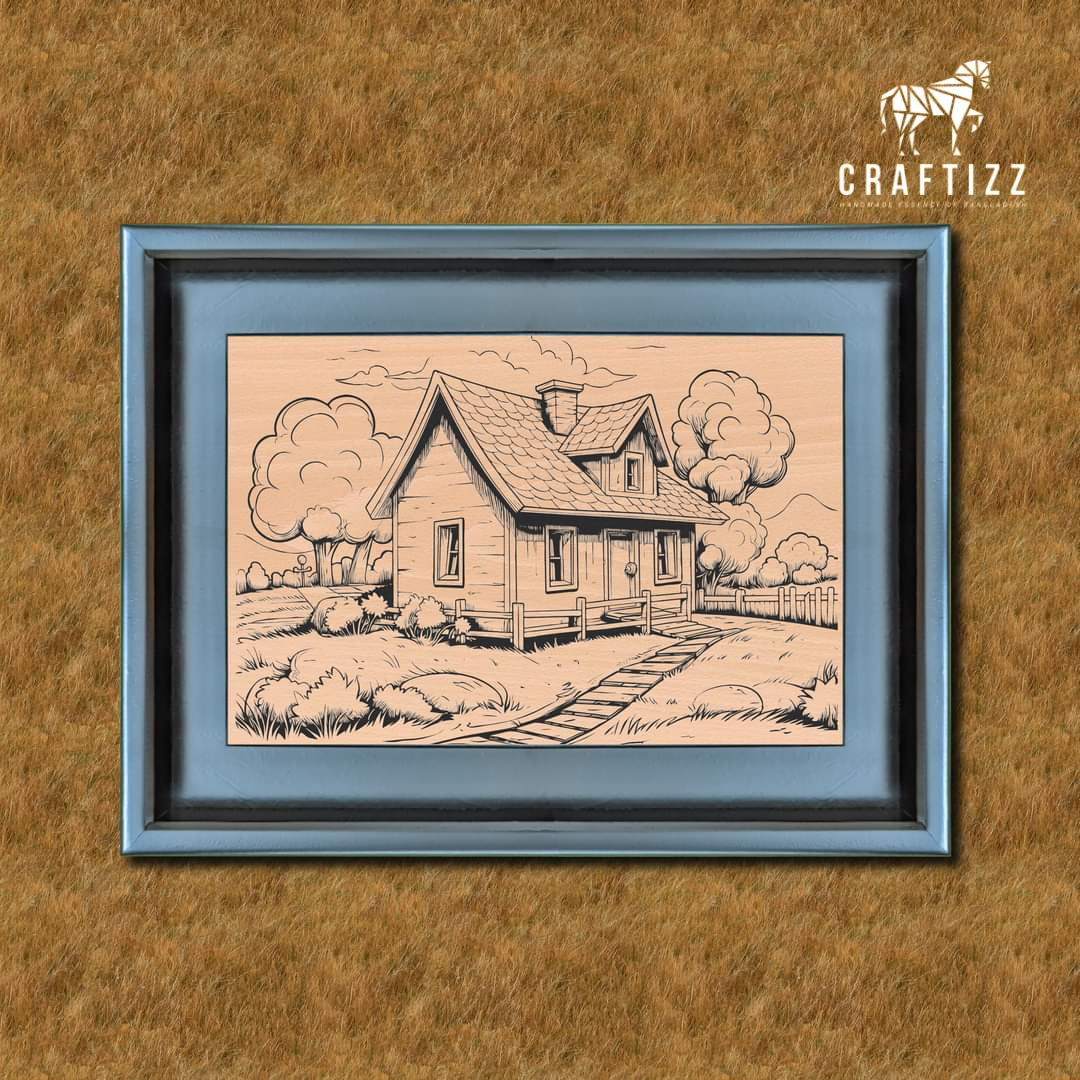 Vintage Village House Drawing in Blue Wooden Frame