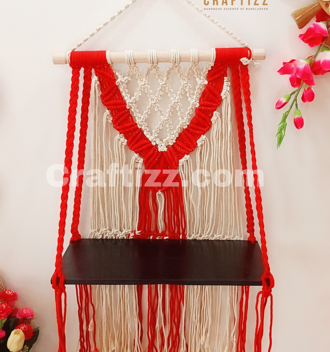 Macrame red color Wall Hanging Shelf