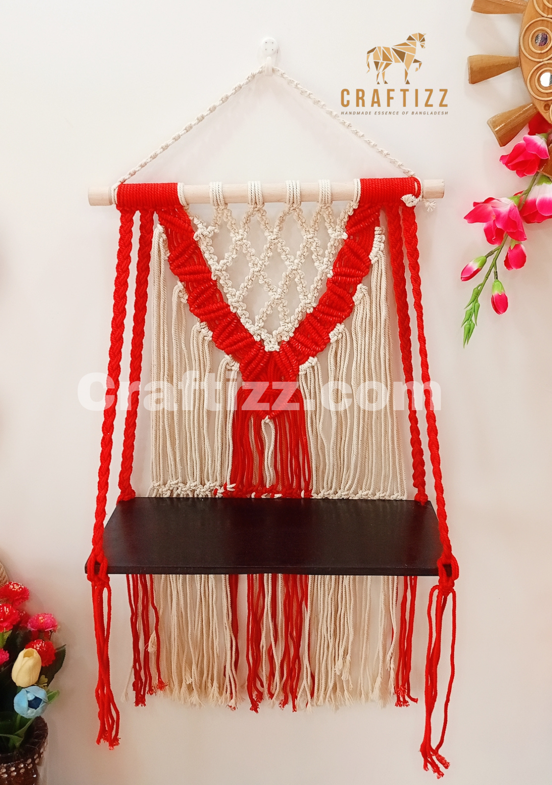 Macrame red color Wall Hanging Shelf